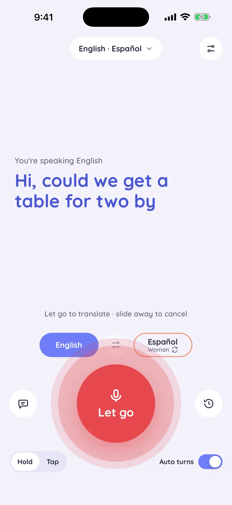 Holding the Talk button while the spoken English words appear on screen