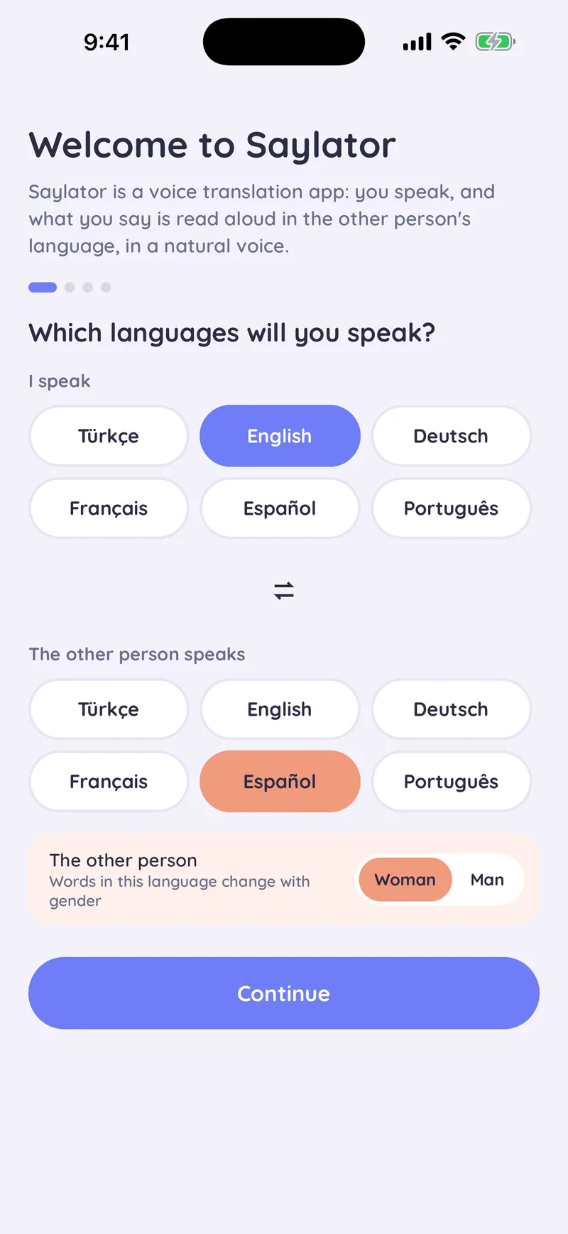 The Saylator welcome screen, choosing English and Spanish